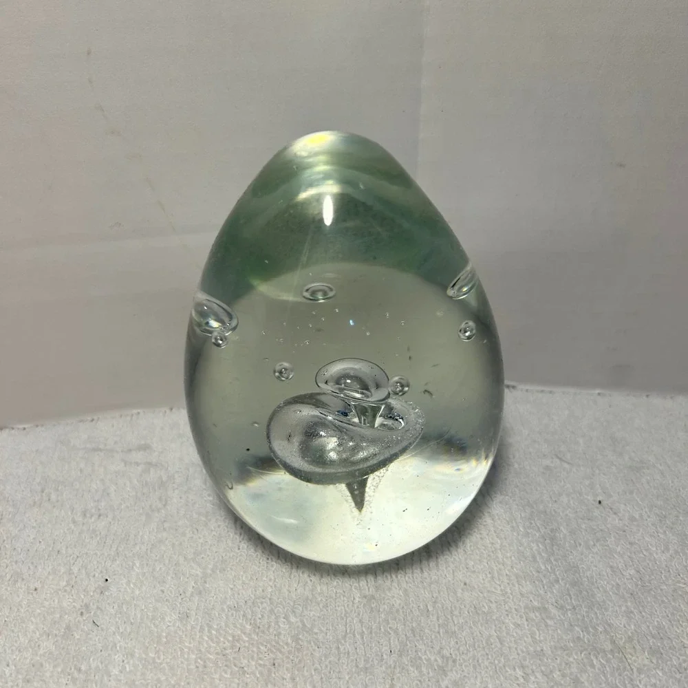 Vintage Hand Blown Glass Egg Paperweight Clear Controlled Bubble Art Glass